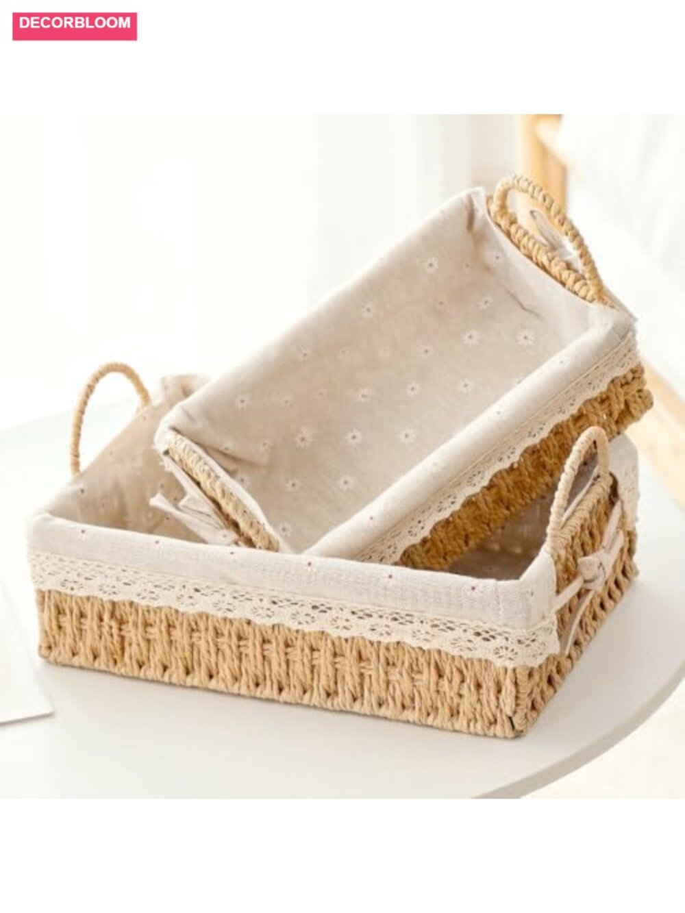 Hand Woven Wicker Storage Baskets with Handle & Liner Set of 2